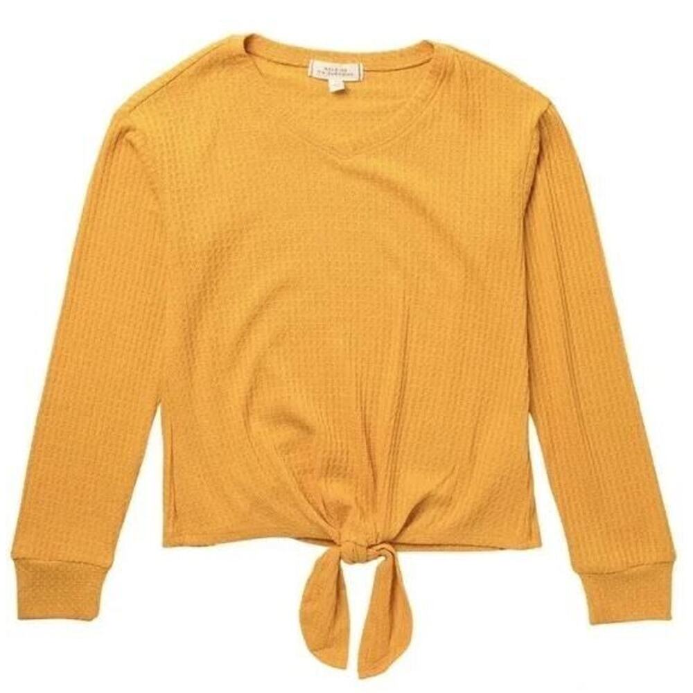 Walking On Sunshine Girls Tie Front Waffle Knit Long Sleeve Shirt in‎ Mustard LG